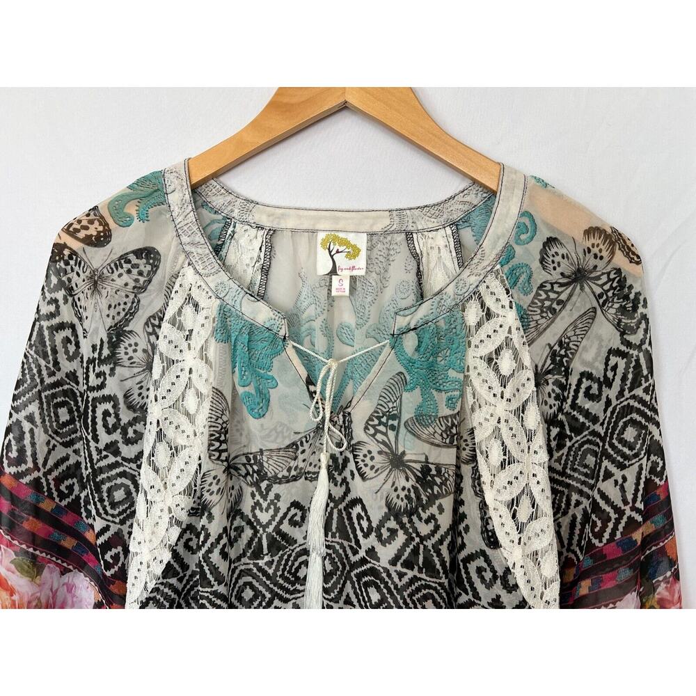 Fig And Flower Floral Butterfly Top Womens Size Small Tassel Lace Cottage Boho - Picture 3 of 10